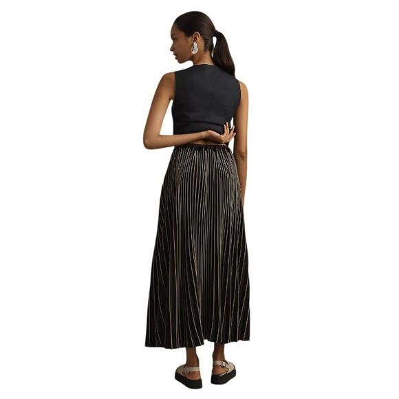 NWT Maeve Anthropologie Striped Button-Front Pleated Maxi Skirt Black/White L - Picture 3 of 13